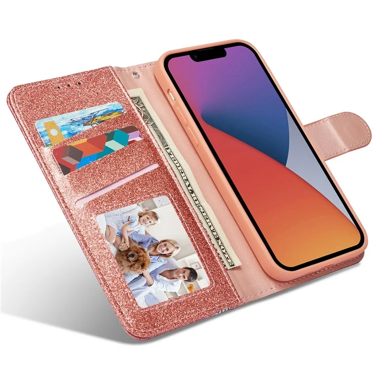 Capa de couro com glitter para iPhone 14 Plus com suporte de carteira de metal diamante - Dourado rosa