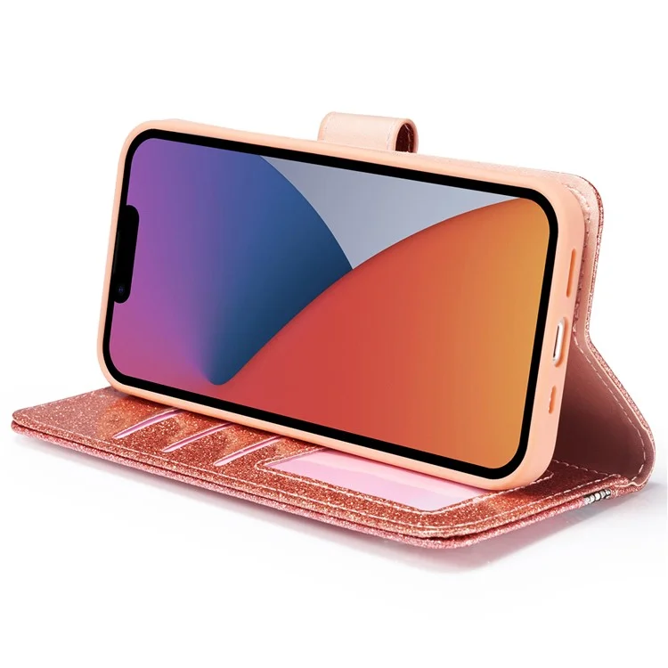 Capa de couro com glitter para iPhone 14 Plus com suporte de carteira de metal diamante - Dourado rosa