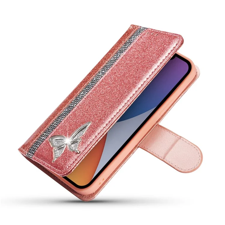 Capa de couro com glitter para iPhone 14 Plus com suporte de carteira de metal diamante - Dourado rosa