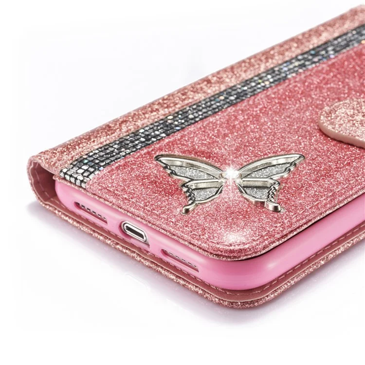 Capa de couro com glitter para iPhone 14 Plus com suporte de carteira de metal diamante - Dourado rosa