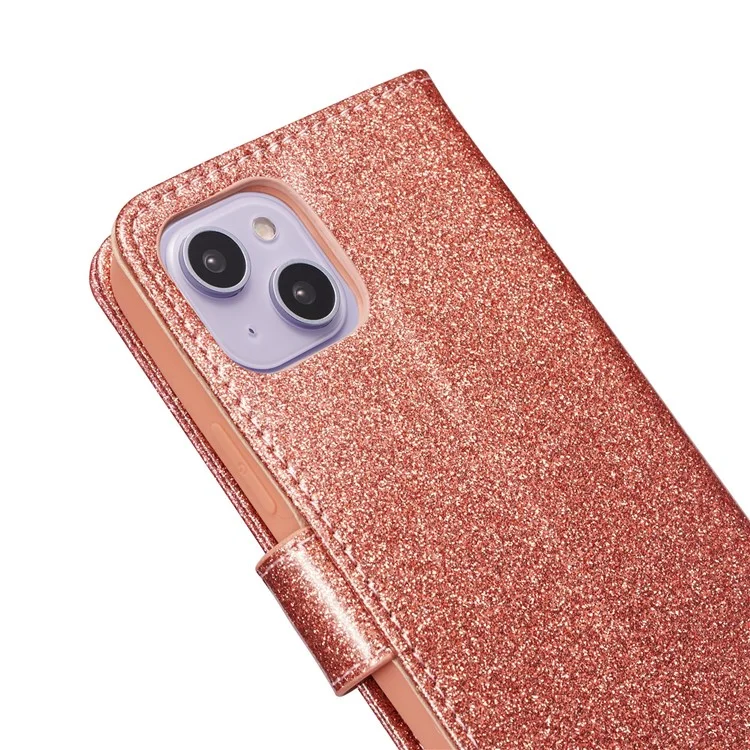 Capa de couro com glitter para iPhone 14 Plus com suporte de carteira de metal diamante - Dourado rosa
