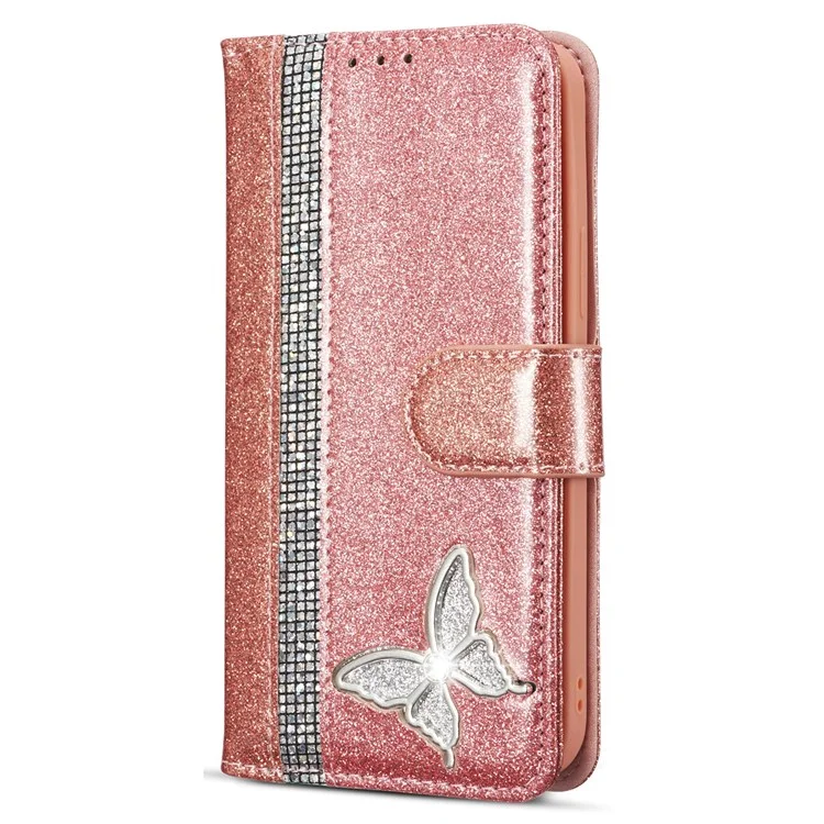 Capa de couro com glitter para iPhone 14 Plus com suporte de carteira de metal diamante - Dourado rosa
