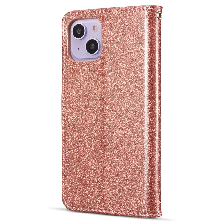 Capa de couro com glitter para iPhone 14 Plus com suporte de carteira de metal diamante - Dourado rosa