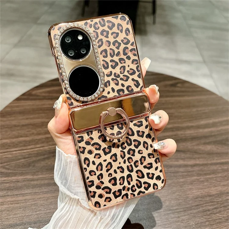 Funda para Huawei P50 Pocket con patrón de leopardo, soporte de anillo con rhinestones, cubierta dura de PC - Dorado