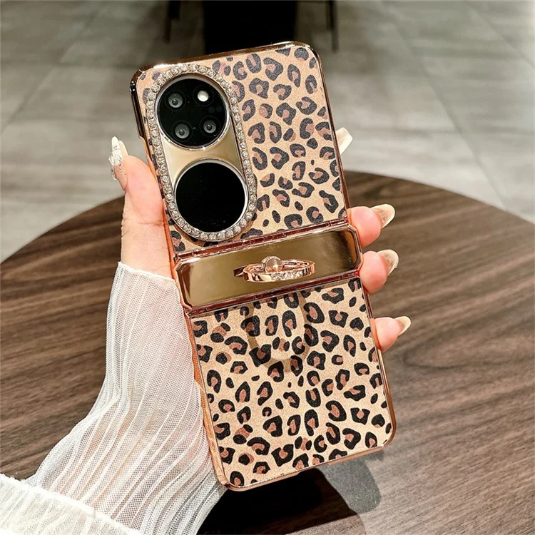 Funda para Huawei P50 Pocket con patrón de leopardo, soporte de anillo con rhinestones, cubierta dura de PC - Dorado
