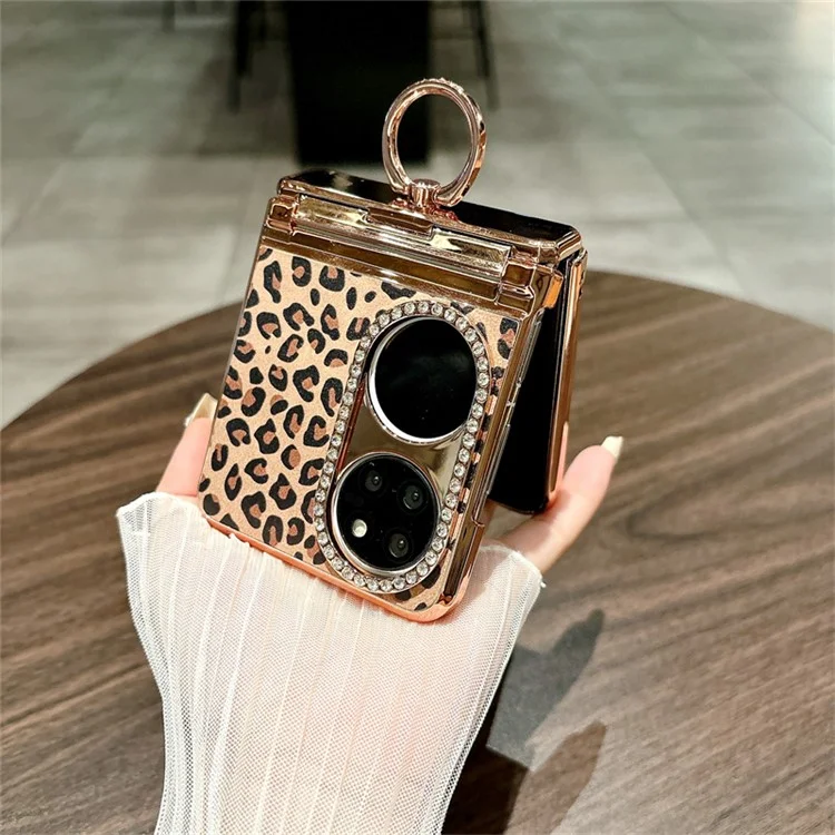 Funda para Huawei P50 Pocket con patrón de leopardo, soporte de anillo con rhinestones, cubierta dura de PC - Dorado
