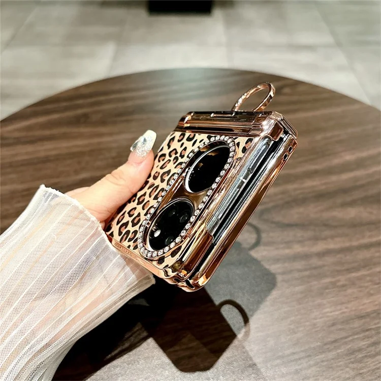 Funda para Huawei P50 Pocket con patrón de leopardo, soporte de anillo con rhinestones, cubierta dura de PC - Dorado