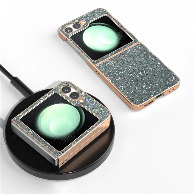 For Samsung Galaxy Z Flip6 5G Case Electroplating Phone Cover Colored Glitter Design PU+TPU Protective Case - Rock Pine Green