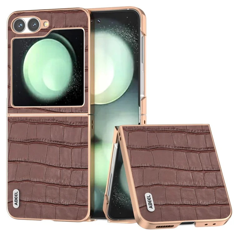 ABEEL Schutzhülle für Samsung Galaxy Z Flip6 5G, Elektropla tierung, Handy-Cover, Krokodilleder-Textur, echtes Rindsleder + TPU-Schutzh ülle - Braun