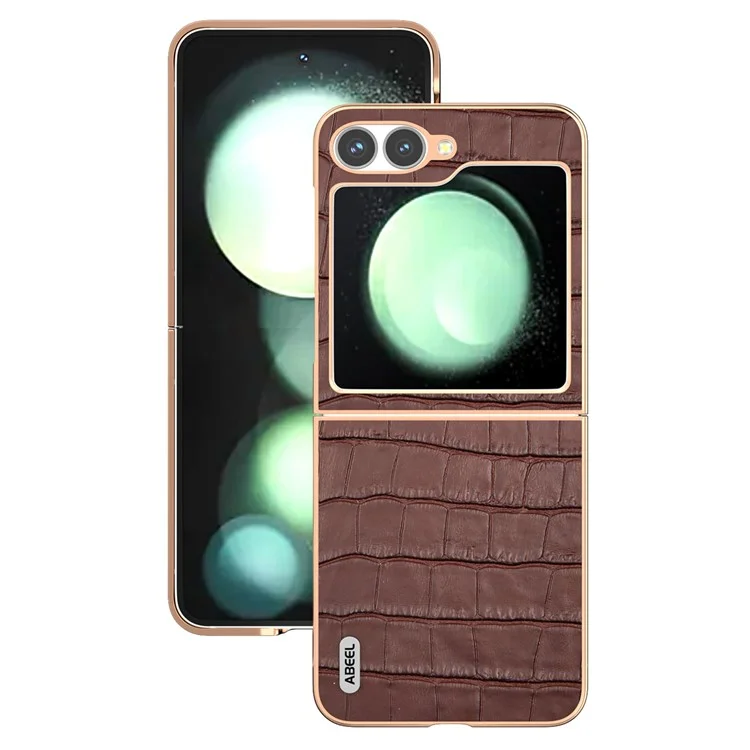 ABEEL Schutzhülle für Samsung Galaxy Z Flip6 5G, Elektropla tierung, Handy-Cover, Krokodilleder-Textur, echtes Rindsleder + TPU-Schutzh ülle - Braun