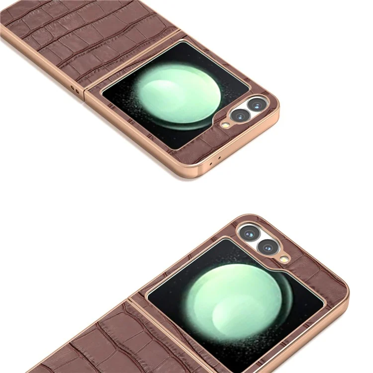 ABEEL Schutzhülle für Samsung Galaxy Z Flip6 5G, Elektropla tierung, Handy-Cover, Krokodilleder-Textur, echtes Rindsleder + TPU-Schutzh ülle - Braun