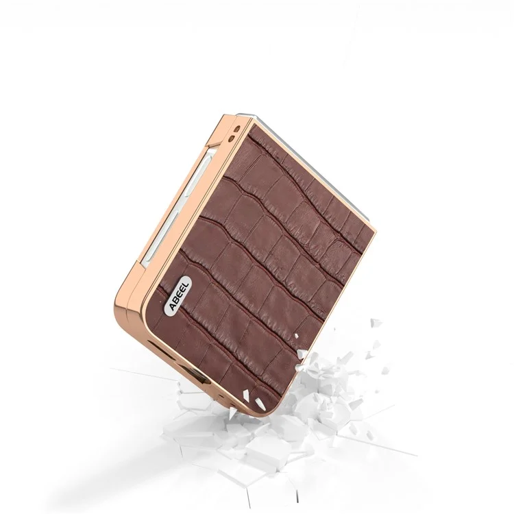 ABEEL Schutzhülle für Samsung Galaxy Z Flip6 5G, Elektropla tierung, Handy-Cover, Krokodilleder-Textur, echtes Rindsleder + TPU-Schutzh ülle - Braun