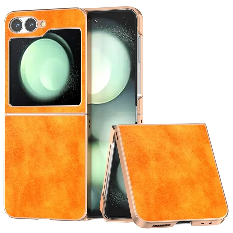 Coque pour Samsung Galaxy Z Flip6 5G, étui de protection en cuir PU et TPU avec texture de litchi, finition électroplaquée - Orange