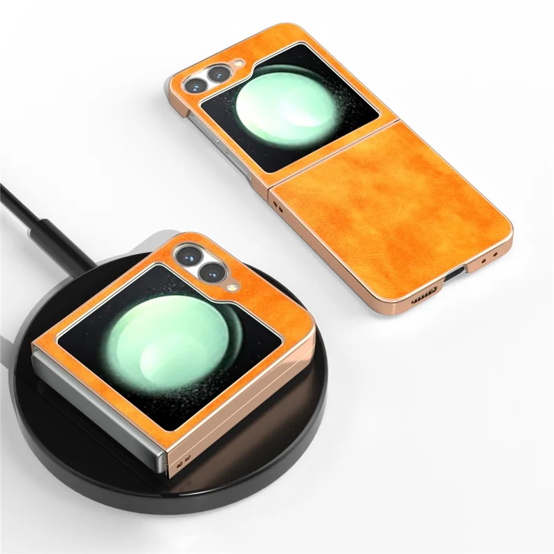 Coque pour Samsung Galaxy Z Flip6 5G, étui de protection en cuir PU et TPU avec texture de litchi, finition électroplaquée - Orange
