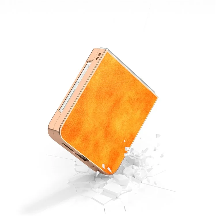 Coque pour Samsung Galaxy Z Flip6 5G, étui de protection en cuir PU et TPU avec texture de litchi, finition électroplaquée - Orange