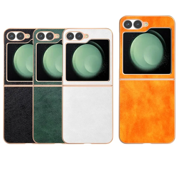 Coque pour Samsung Galaxy Z Flip6 5G, étui de protection en cuir PU et TPU avec texture de litchi, finition électroplaquée - Orange