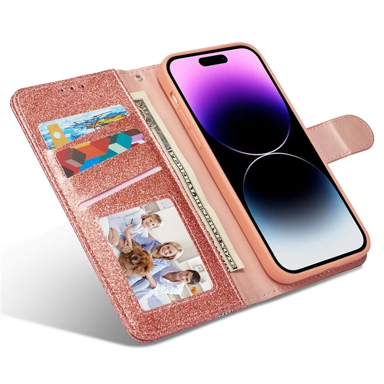 Capa de couro com brilho para iPhone 15 Pro Max com suporte de carteira de metal e diamante - Rose Gold