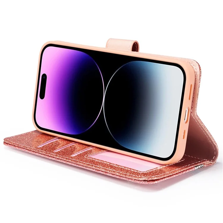 Capa de couro com brilho para iPhone 15 Pro Max com suporte de carteira de metal e diamante - Rose Gold