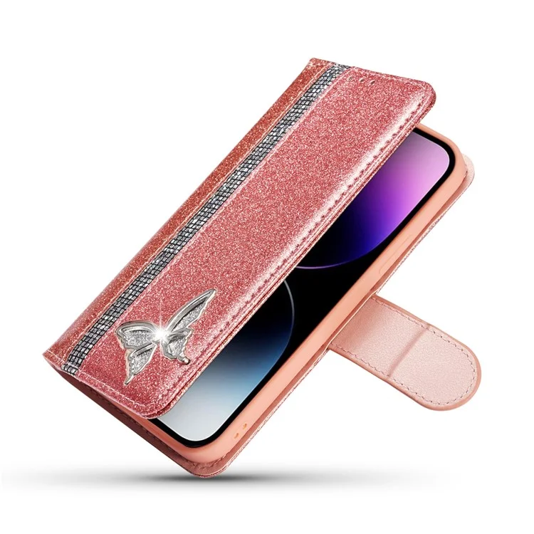 Capa de couro com brilho para iPhone 15 Pro Max com suporte de carteira de metal e diamante - Rose Gold