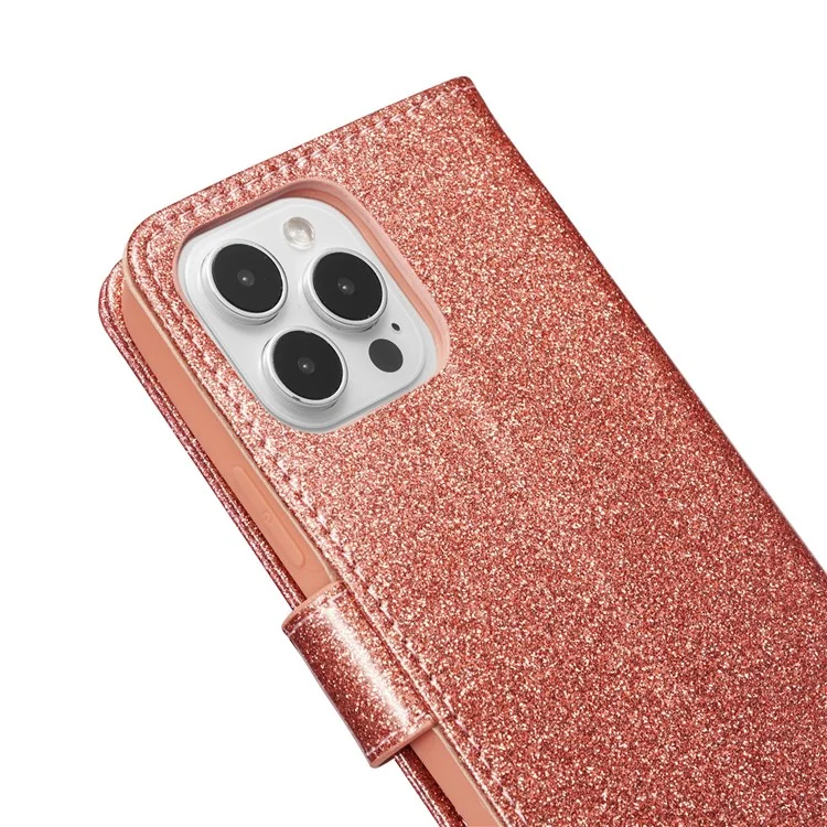 Capa de couro com brilho para iPhone 15 Pro Max com suporte de carteira de metal e diamante - Rose Gold