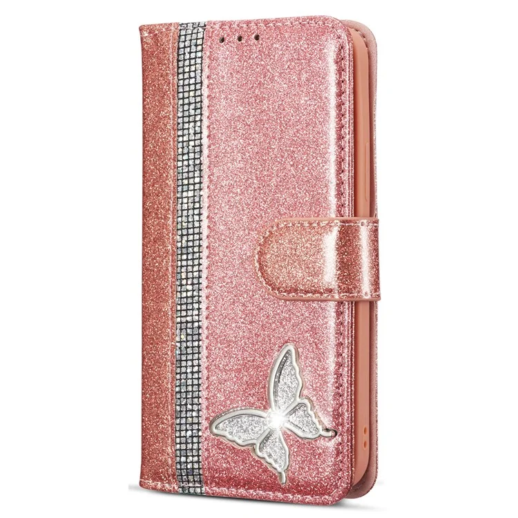 Capa de couro com brilho para iPhone 15 Pro Max com suporte de carteira de metal e diamante - Rose Gold