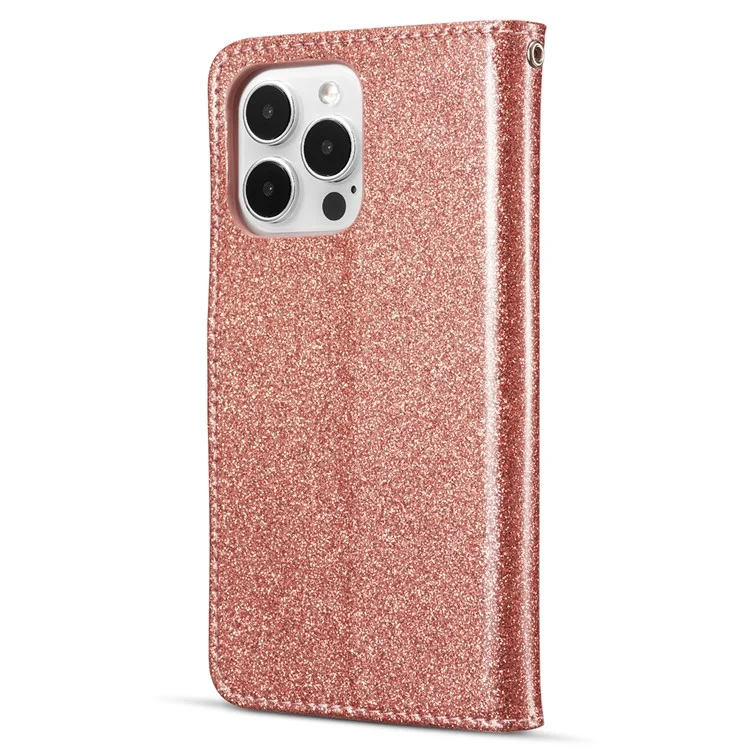 Capa de couro com brilho para iPhone 15 Pro Max com suporte de carteira de metal e diamante - Rose Gold