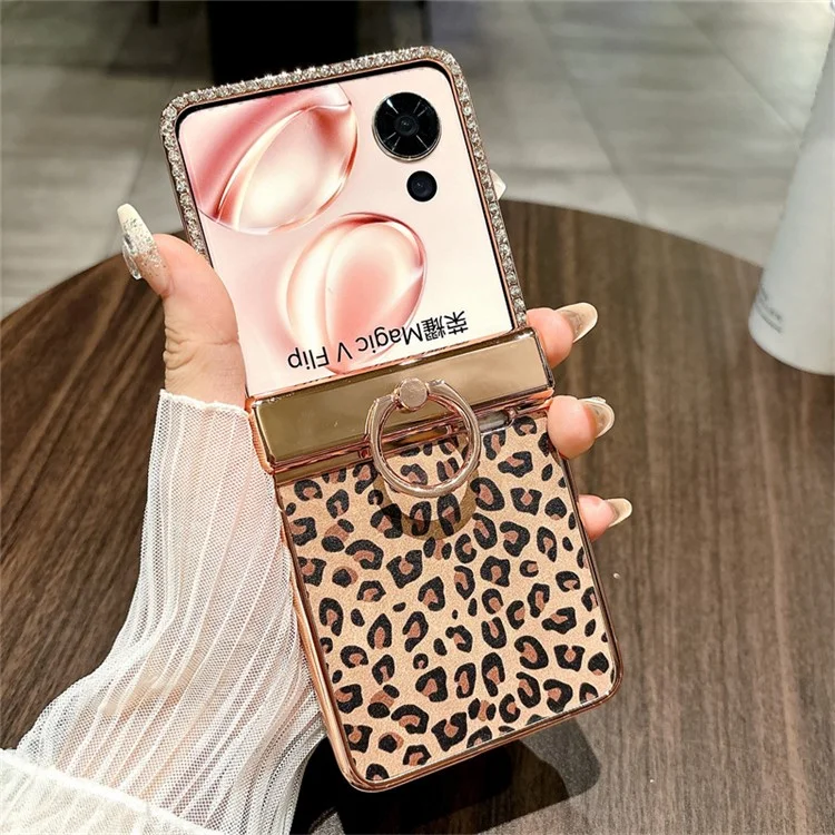Capa para celular For Honor Magic V Flip 5G com padrão de leopardo, suporte de anel de cristal e PC rígido - Dourado