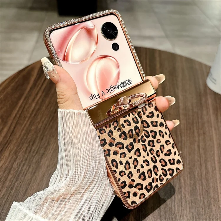 Capa para celular For Honor Magic V Flip 5G com padrão de leopardo, suporte de anel de cristal e PC rígido - Dourado