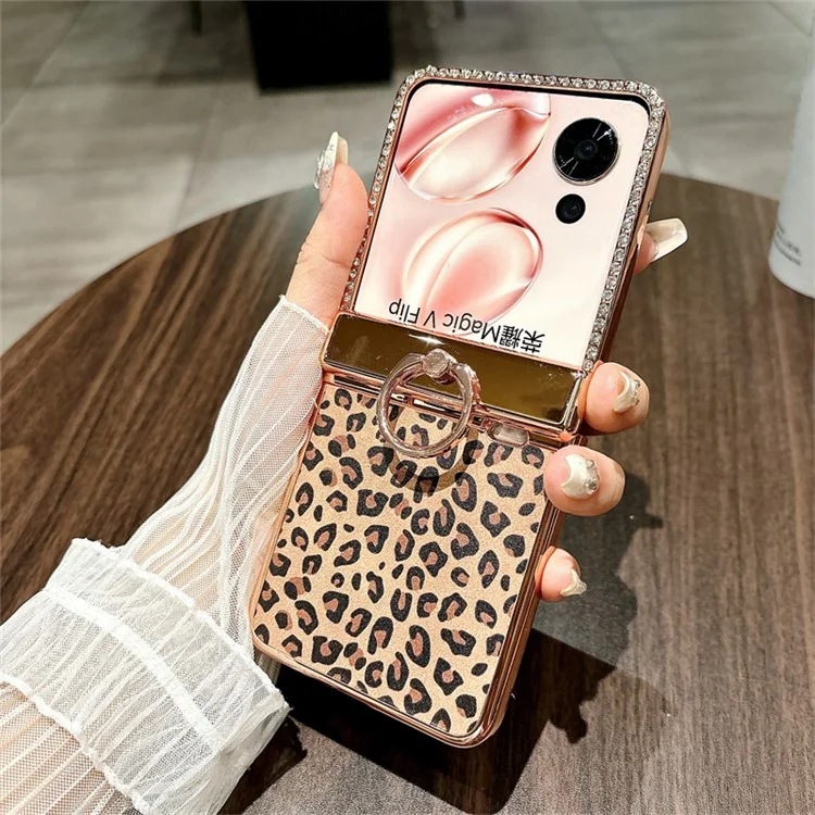 Capa para celular For Honor Magic V Flip 5G com padrão de leopardo, suporte de anel de cristal e PC rígido - Dourado