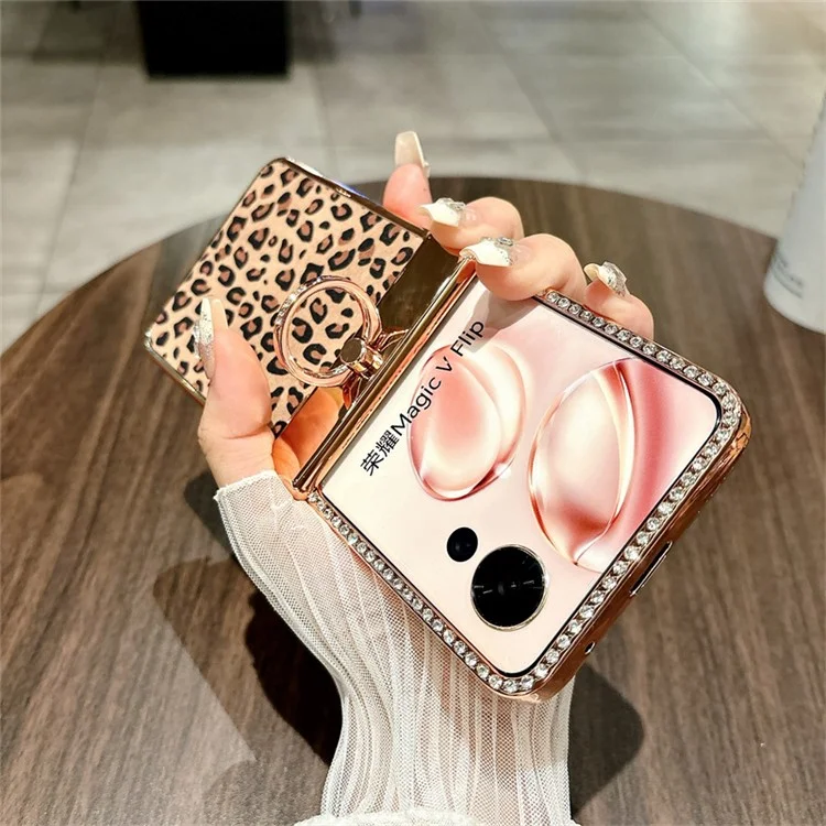 Capa para celular For Honor Magic V Flip 5G com padrão de leopardo, suporte de anel de cristal e PC rígido - Dourado