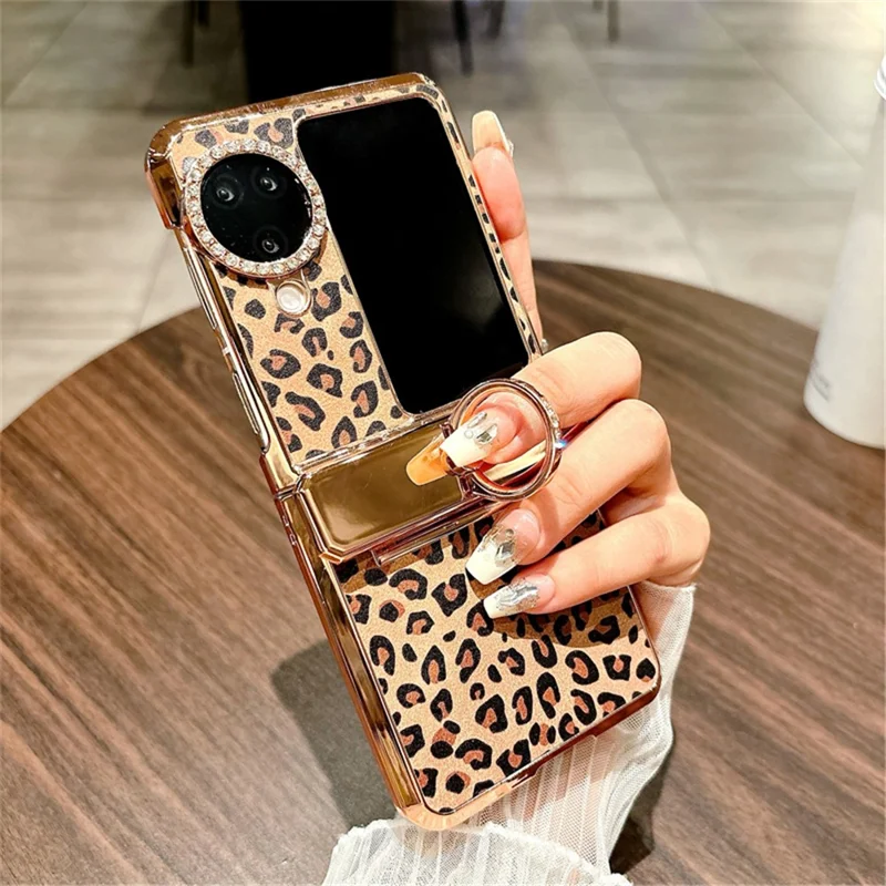 Coque pour Oppo Find N3 Flip 5G avec motif léopard, support anneau et strass, en PC dur - Or