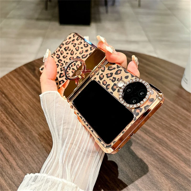 Coque pour Oppo Find N3 Flip 5G avec motif léopard, support anneau et strass, en PC dur - Or