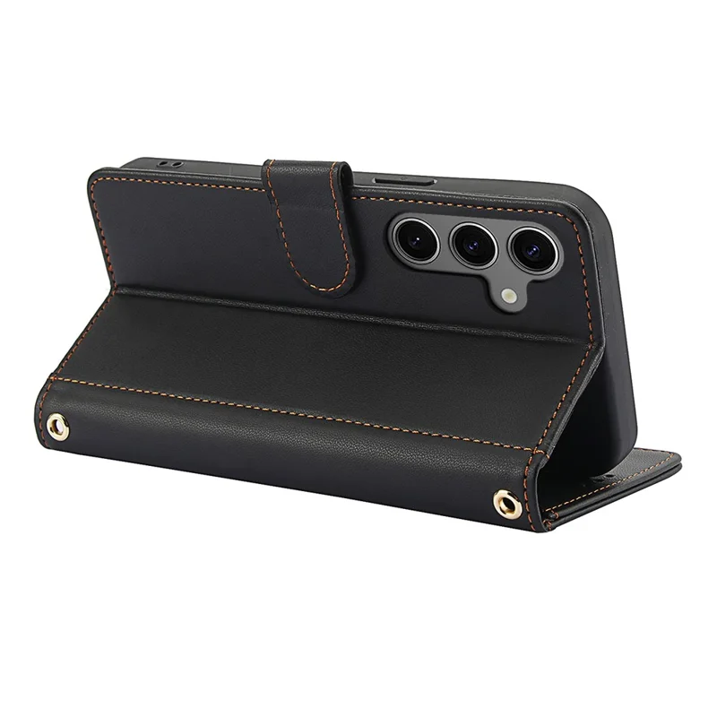 SY-003 For Samsung Galaxy S25+ Case PU Leather Stand View Phone Wallet Cover with Hand Strap - Black - 4