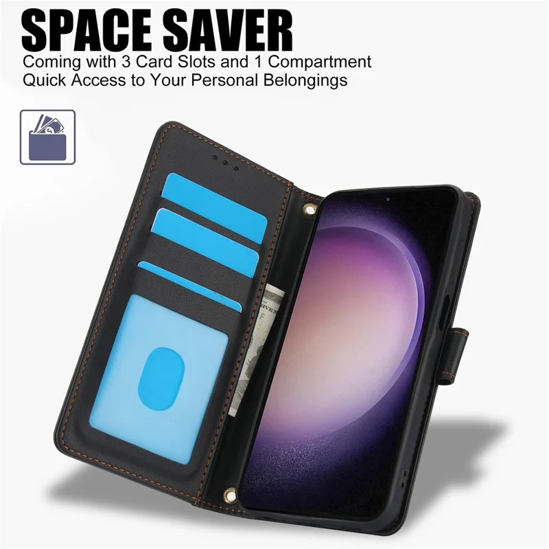 SY-003 For Samsung Galaxy S25+ Case PU Leather Stand View Phone Wallet Cover with Hand Strap - Black - 6