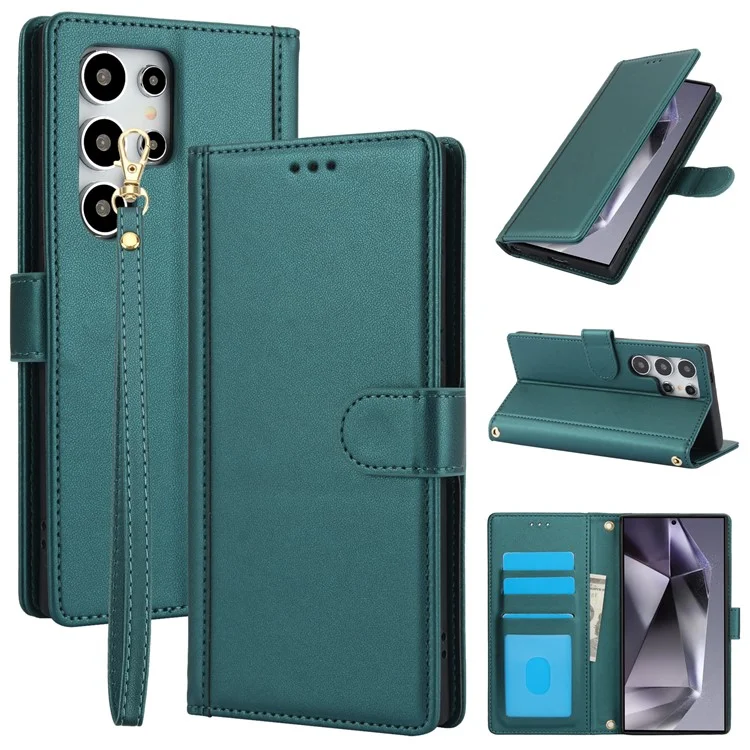 SY-003 For Samsung Galaxy S25 Ultra Case PU Leather Stand View Phone Wallet Cover with Hand Strap - Green