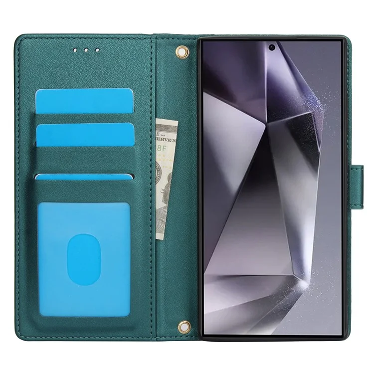 SY-003 For Samsung Galaxy S25 Ultra Case PU Leather Stand View Phone Wallet Cover with Hand Strap - Green