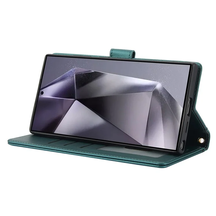 SY-003 For Samsung Galaxy S25 Ultra Case PU Leather Stand View Phone Wallet Cover with Hand Strap - Green