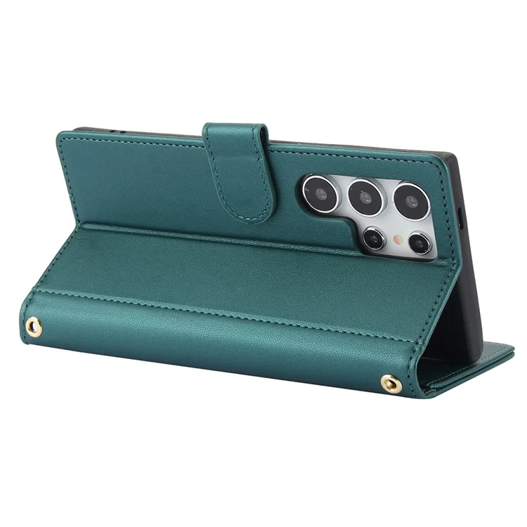SY-003 For Samsung Galaxy S25 Ultra Case PU Leather Stand View Phone Wallet Cover with Hand Strap - Green
