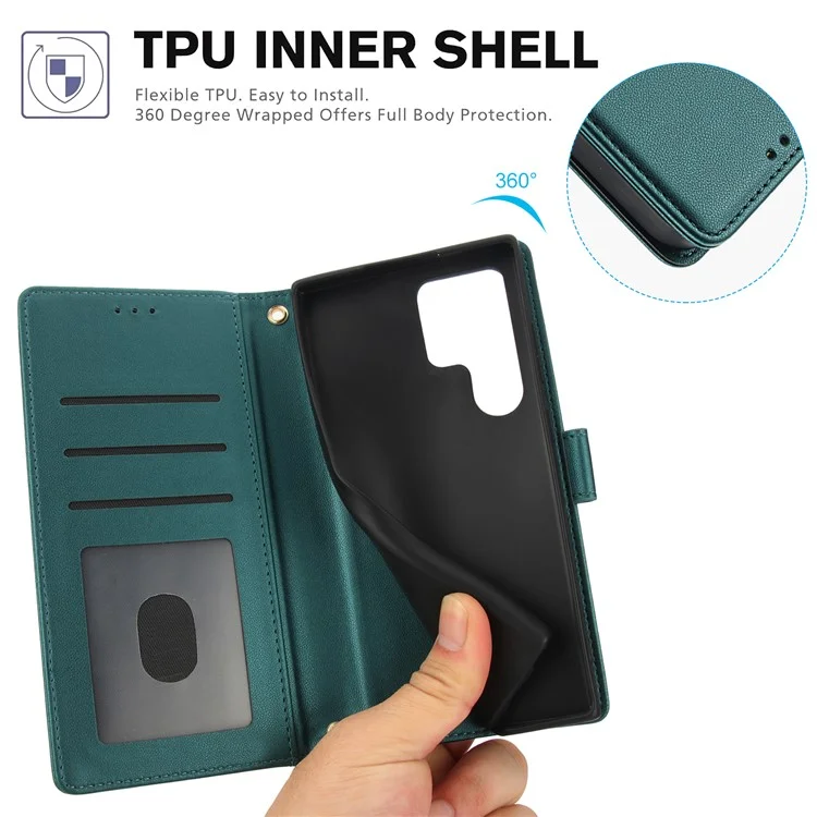 SY-003 For Samsung Galaxy S25 Ultra Case PU Leather Stand View Phone Wallet Cover with Hand Strap - Green