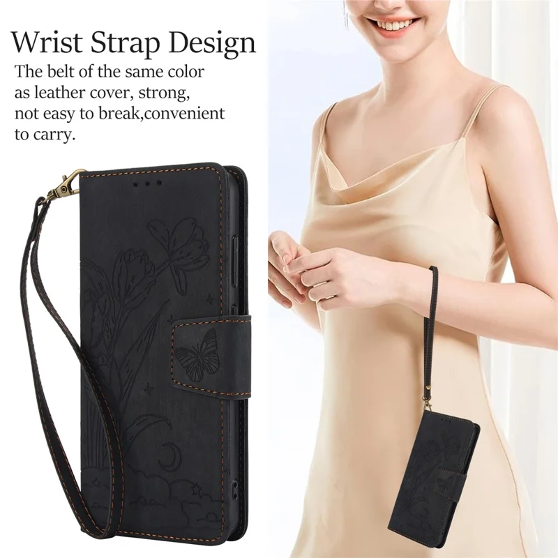 SY-001 For Samsung Galaxy S25 Case Flower Butterfly Leather Wallet Phone Cover with Hand Strap - Black
