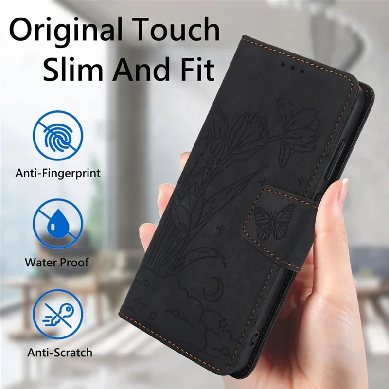 SY-001 For Samsung Galaxy S25 Case Flower Butterfly Leather Wallet Phone Cover with Hand Strap - Black