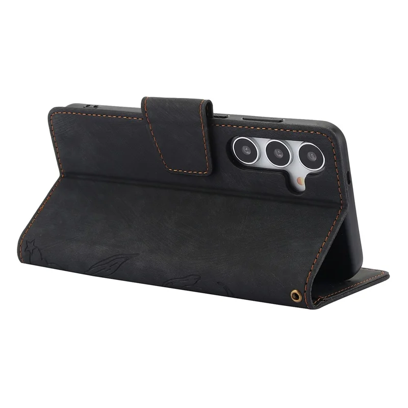 SY-001 For Samsung Galaxy S25 Case Flower Butterfly Leather Wallet Phone Cover with Hand Strap - Black