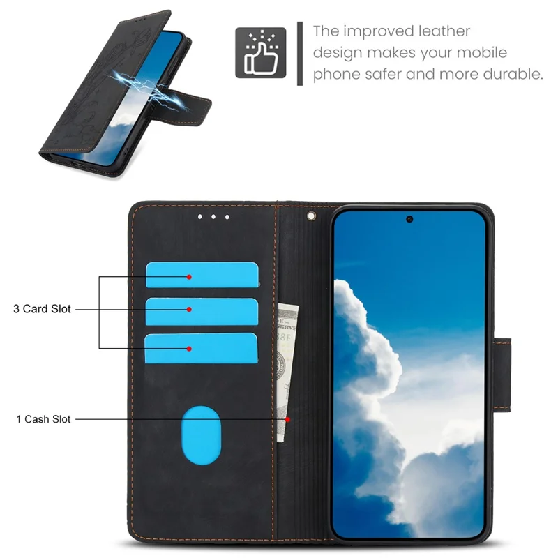 SY-001 For Samsung Galaxy S25 Case Flower Butterfly Leather Wallet Phone Cover with Hand Strap - Black