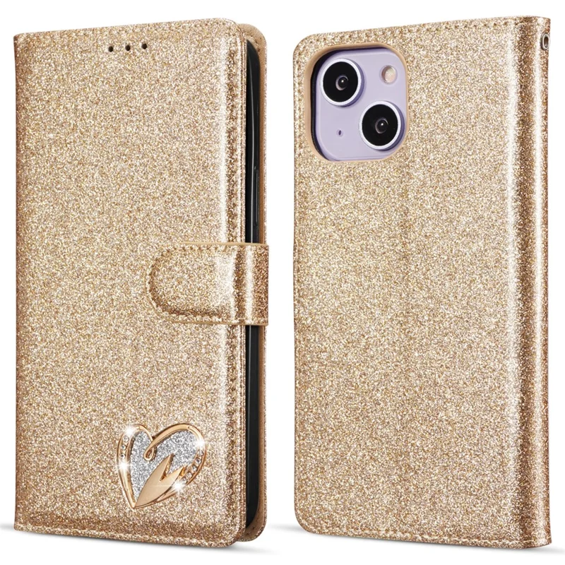 For iPhone 14 Glitter Leather Case with Diamond Love Heart Wallet Stand Flip Cover - Gold