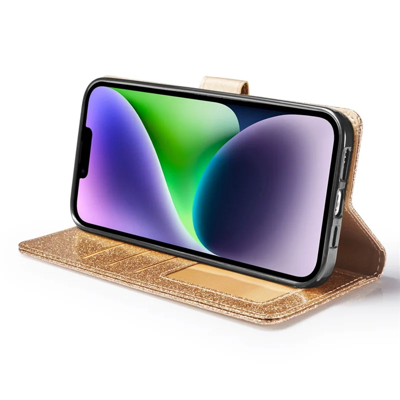 For iPhone 14 Glitter Leather Case with Diamond Love Heart Wallet Stand Flip Cover - Gold
