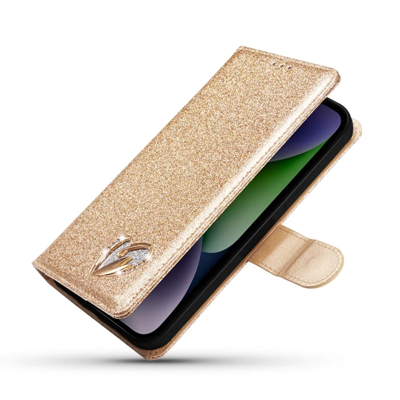 For iPhone 14 Glitter Leather Case with Diamond Love Heart Wallet Stand Flip Cover - Gold