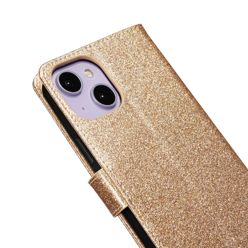 For iPhone 14 Glitter Leather Case with Diamond Love Heart Wallet Stand Flip Cover - Gold