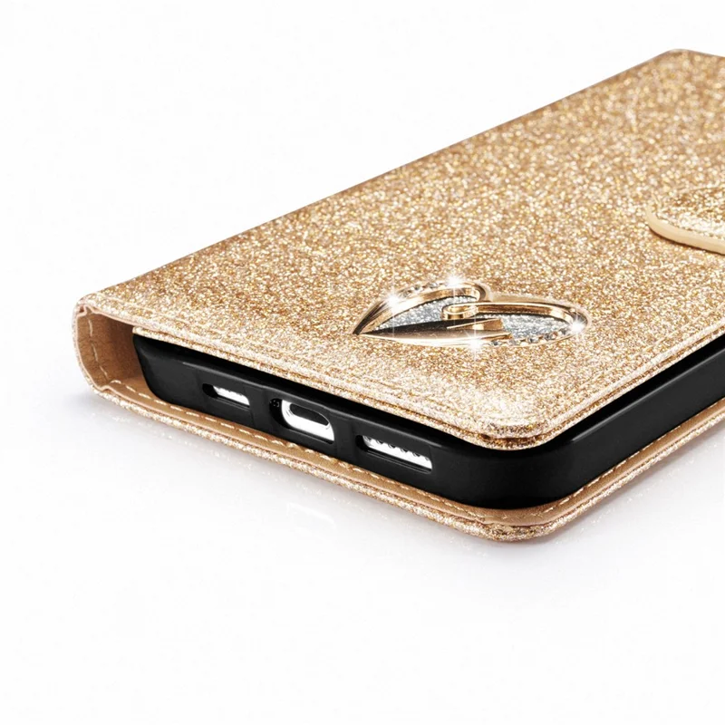 For iPhone 14 Glitter Leather Case with Diamond Love Heart Wallet Stand Flip Cover - Gold