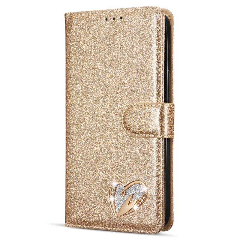 For iPhone 14 Glitter Leather Case with Diamond Love Heart Wallet Stand Flip Cover - Gold