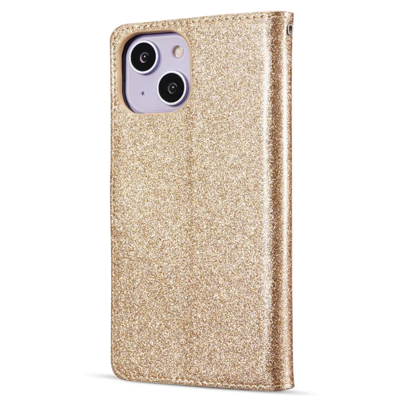 For iPhone 14 Glitter Leather Case with Diamond Love Heart Wallet Stand Flip Cover - Gold
